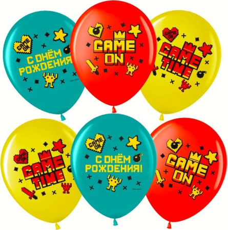 Шар (12''/30 см) Game Time, С Днем Рождения!, Ассорти, пастель, 2 ст